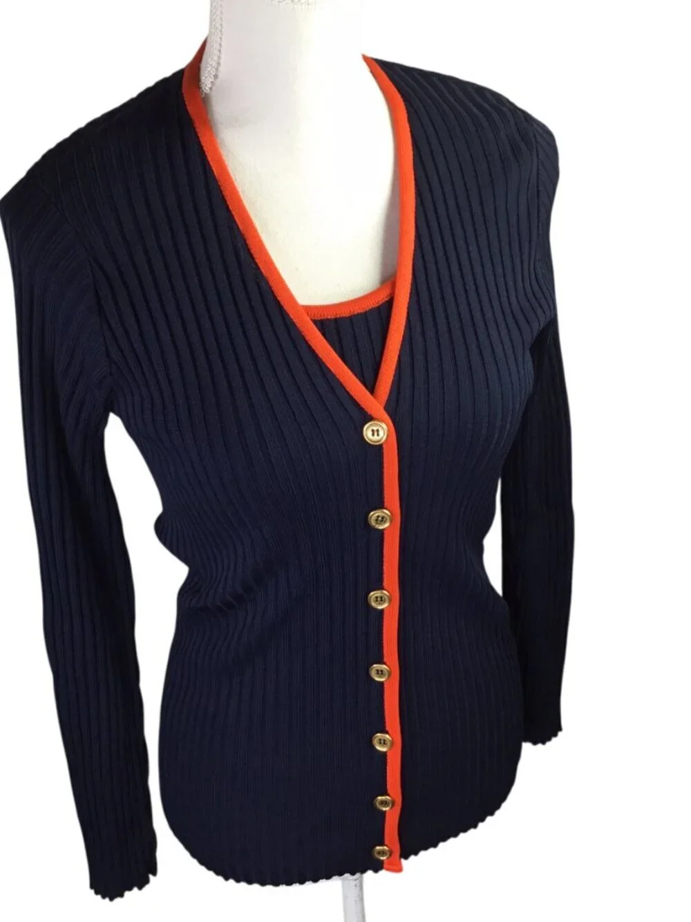 R & K Originals Vtg Twin Sweater Set Tank Cardigan Size 12 Ribbed Knit Nautical - Picture 2 of 11